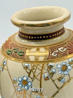 Pair Antique Japanese Satsuma Vases Moriage Gilt Birds Signed Kusube