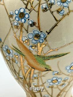Pair Antique Japanese Satsuma Vases Moriage Gilt Birds Signed Kusube