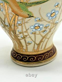 Pair Antique Japanese Satsuma Vases Moriage Gilt Birds Signed Kusube