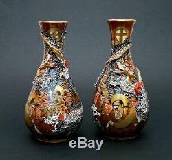 Pair Antique Japanese Satsuma Vases Signed Zen Buddhist Disciples Of Buddha