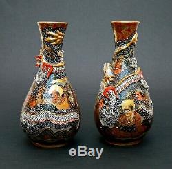 Pair Antique Japanese Satsuma Vases Signed Zen Buddhist Disciples Of Buddha