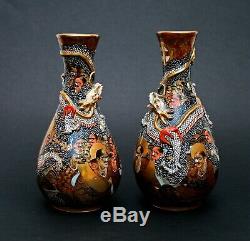 Pair Antique Japanese Satsuma Vases Signed Zen Buddhist Disciples Of Buddha