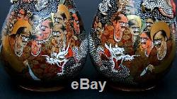 Pair Antique Japanese Satsuma Vases Signed Zen Buddhist Disciples Of Buddha