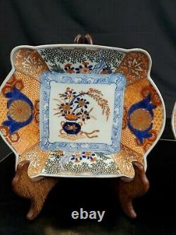 Pair Antique Japanese Square Imari Porcelain Plate Meiji Period Signed