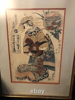 Pair Antique Late 18th/Early 19thC Framed & Matted Signed Japanese Prints
