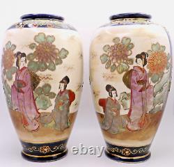 Pair Antique Late 19th Century Japanese Satsuma Moriage Vases Signed Gonkozan