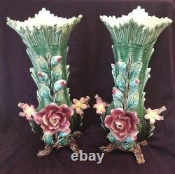 Pair Antique MAJOLICA 14 VASES. Roses. Relief Floral Décor. Signed. Estate