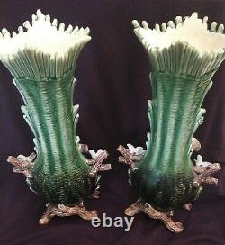 Pair Antique MAJOLICA 14 VASES. Roses. Relief Floral Décor. Signed. Estate