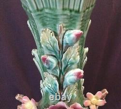 Pair Antique MAJOLICA 14 VASES. Roses. Relief Floral Décor. Signed. Estate