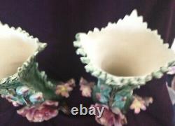 Pair Antique MAJOLICA 14 VASES. Roses. Relief Floral Décor. Signed. Estate