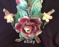 Pair Antique MAJOLICA 14 VASES. Roses. Relief Floral Décor. Signed. Estate