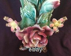 Pair Antique MAJOLICA 14 VASES. Roses. Relief Floral Décor. Signed. Estate