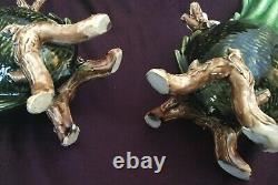 Pair Antique MAJOLICA 14 VASES. Roses. Relief Floral Décor. Signed. Estate