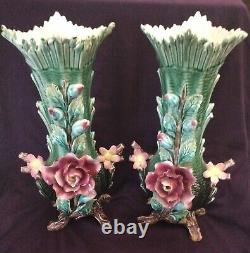 Pair Antique MAJOLICA 14 VASES. Roses. Relief Floral Décor. Signed. Estate