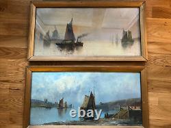 Pair Antique Marine Maritime Oil Painting Gilt Frames Glazed Signed