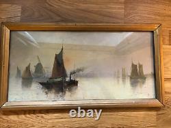 Pair Antique Marine Maritime Oil Painting Gilt Frames Glazed Signed