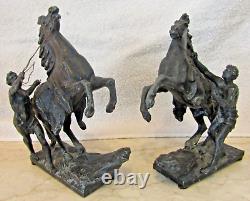 Pair Antique Marly Horses French Spelter Bronze Equine Sculptures Signed