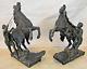 Pair Antique Marly Horses French Spelter Bronze Equine Sculptures Signed