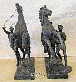 Pair Antique Marly Horses French Spelter Bronze Equine Sculptures Signed