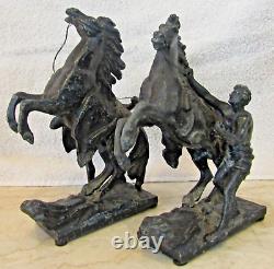 Pair Antique Marly Horses French Spelter Bronze Equine Sculptures Signed