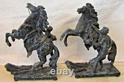 Pair Antique Marly Horses French Spelter Bronze Equine Sculptures Signed