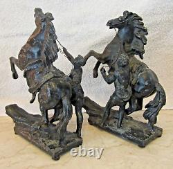 Pair Antique Marly Horses French Spelter Bronze Equine Sculptures Signed