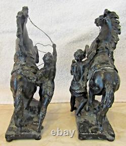 Pair Antique Marly Horses French Spelter Bronze Equine Sculptures Signed