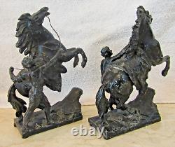 Pair Antique Marly Horses French Spelter Bronze Equine Sculptures Signed