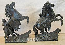 Pair Antique Marly Horses French Spelter Bronze Equine Sculptures Signed