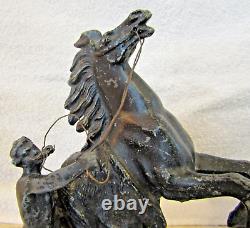Pair Antique Marly Horses French Spelter Bronze Equine Sculptures Signed