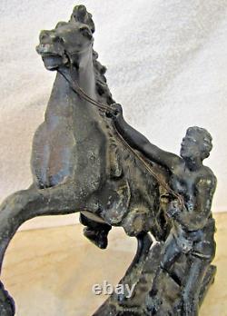 Pair Antique Marly Horses French Spelter Bronze Equine Sculptures Signed