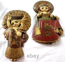 Pair Antique Mexico Hand Carved & Painted Children Wall Plaques Signed