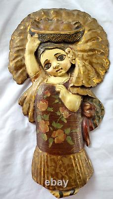 Pair Antique Mexico Hand Carved & Painted Children Wall Plaques Signed