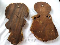 Pair Antique Mexico Hand Carved & Painted Children Wall Plaques Signed