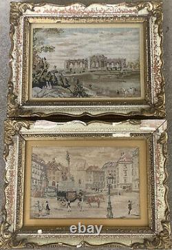 Pair Antique Micro Petit Point Needlepoint Framed Tapestry Signed REICH (Adolf)