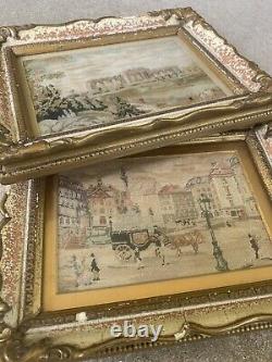 Pair Antique Micro Petit Point Needlepoint Framed Tapestry Signed REICH (Adolf)