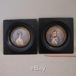 Pair Antique Miniature Portrait Napoleon Elisa Bonaparte Painting Signed Gerard