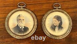 Pair Antique Miniature Portraits Round Gilt Brass Metal Photo Frames Signed 19c