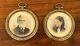 Pair Antique Miniature Portraits Round Gilt Brass Metal Photo Frames Signed 19c