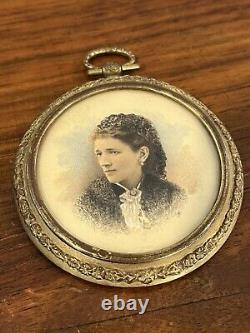 Pair Antique Miniature Portraits Round Gilt Brass Metal Photo Frames Signed 19c