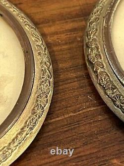 Pair Antique Miniature Portraits Round Gilt Brass Metal Photo Frames Signed 19c