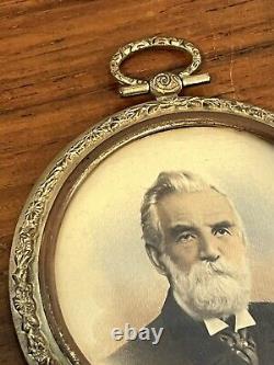 Pair Antique Miniature Portraits Round Gilt Brass Metal Photo Frames Signed 19c