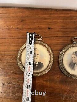 Pair Antique Miniature Portraits Round Gilt Brass Metal Photo Frames Signed 19c