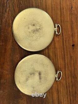 Pair Antique Miniature Portraits Round Gilt Brass Metal Photo Frames Signed 19c