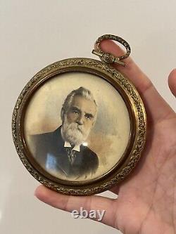 Pair Antique Miniature Portraits Round Gilt Brass Metal Photo Frames Signed 19c