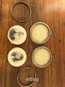 Pair Antique Miniature Portraits Round Gilt Brass Metal Photo Frames Signed 19c