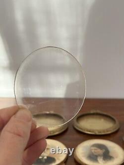 Pair Antique Miniature Portraits Round Gilt Brass Metal Photo Frames Signed 19c