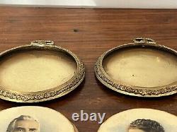 Pair Antique Miniature Portraits Round Gilt Brass Metal Photo Frames Signed 19c