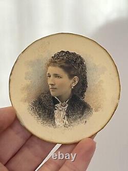 Pair Antique Miniature Portraits Round Gilt Brass Metal Photo Frames Signed 19c