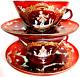 Pair Antique Moser Ruby Red Glass Tea Cup & Saucer Hand Painted Man Lady/signed